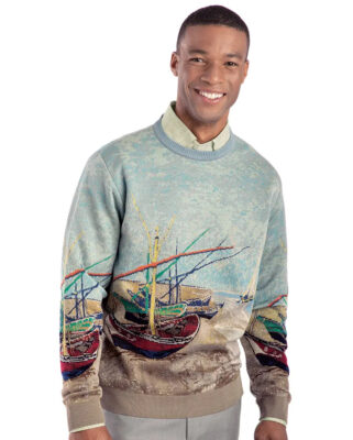 Man wearing a handcrafted art sweater from St. Croix Collections