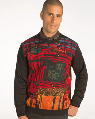 Man wearing a handcrafted art sweater from St. Croix Collections