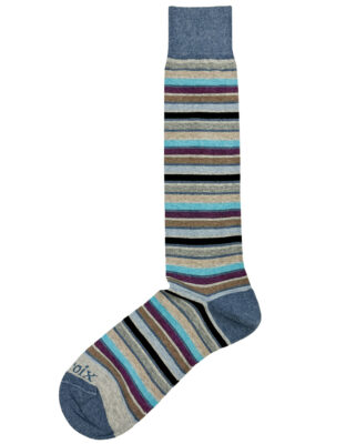Saint Croix striped socks, design is called Between the Bold and narrow and features shades of blue, maroon, green, and taupe